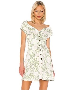 Free People White Mini Dress with Light Green Floral Print